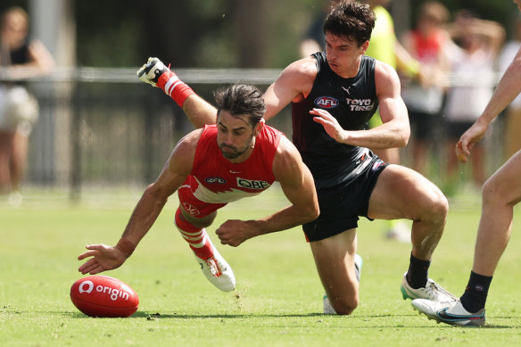 Brodie Grundy dives on the ball during a match simulation against the Giants