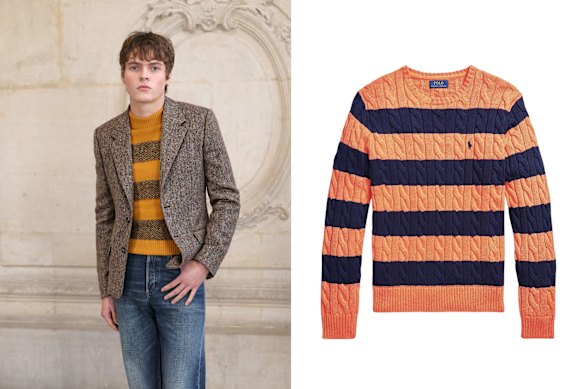 Above left: Moses Martin; right: Polo Ralph Lauren striped cable-knit sweater.