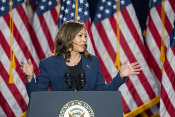 Vice President Kamala Harris campaigns for president as the presumptive Democrat candidate during an event in Milwaukee.