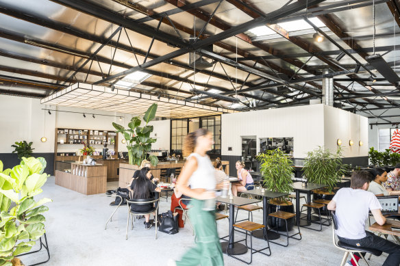 The warehouse dining room at Rosso Coffee Experience in North Melbourne.