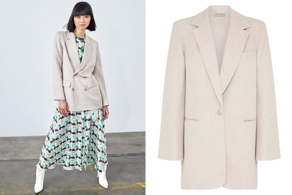 Ginger & Smart Edition blazer over printed dress and Anna Quan ‘Gianna’ jacket in cloud.