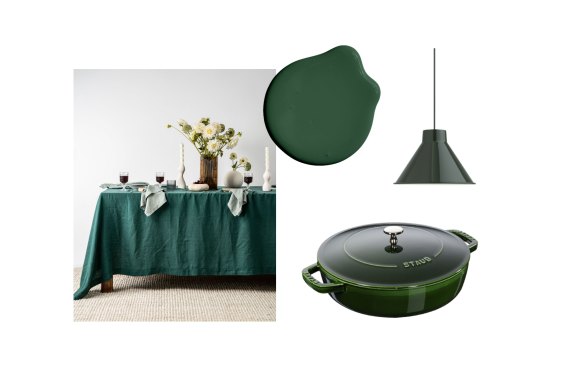 “Jade” table cloth; “Biblioteque” eco-friendly paint; “Top” pendant lamp; “Chistera” sauté pan.