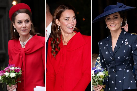 Princess Catherine in a red coat dress by Catherine Walker at the Commonwealth Day service at Westminster Abbey on Monday; wearing the same dress at a carols service at Westminster Abbey in 2021; in Erdem at the Commonwealth Day service at Westminster Abbey in 2023.