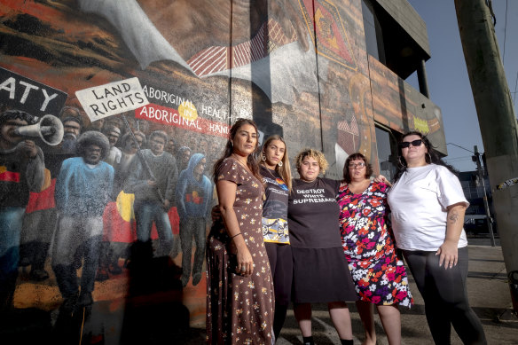 Former Greens MP Lidia Thorpe with Members of the Warriors of Aboriginal Resistance (L-R) Apryl Day, Tarneen Onus-Williams, Crystal McKinnon and Rosie Kalina.