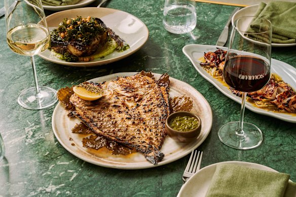 Butterflied baby barramundi with fresh maidanosalata (Greek parsley spread).