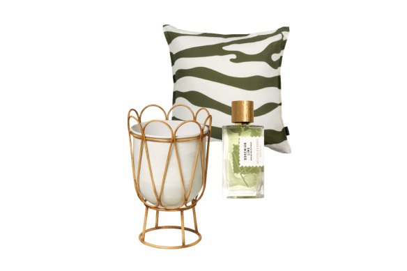 “Dalia” planter; “Bohemian Lime” perfume; “Zuri Amazon” cushion.