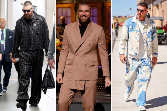 Travis Kelce entering this year’s Super Bowl in custom Amiri; hosting ‘Saturday Night Live’ in Dior by Kim Jones; in a KidSuper two-piece ’1989 Bedroom Painting’.