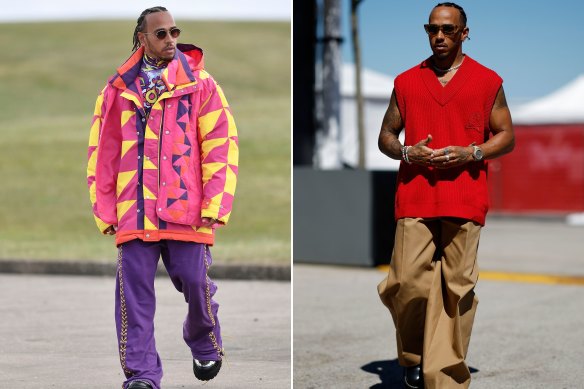 Lewis Hamilton in Blue Marble Paris coat ahead of the British Grand Prix at Silverstone on June 30, 2022; wearing Tommy Hilfiger in Austin, Texas, October 21, 2022. 