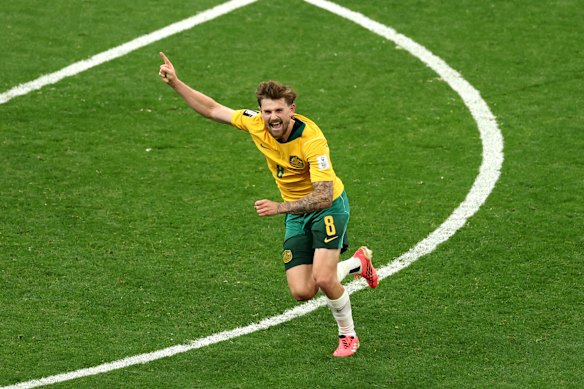Connor Metcalfe celebrates on Sunday after scoring Australia’s second goal against Turkey in the 2026 FIFA World Cup. 