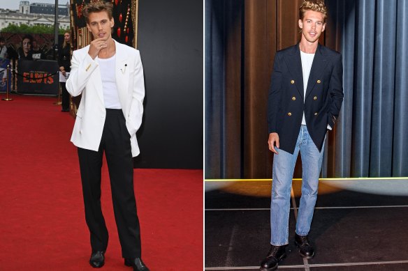 Austin Butler in Alexander McQueen at the ‘Elvis’ premiere on May 31 in London and wearing a Tom Ford blazer with jeans at Graceland in June,