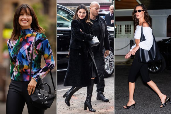 Model Sarah Ellen and her Lo<em></em>ngchamp bag at Australian Fashion Week in 2022; former Lo<em></em>ngchamp ambassador Kendall Jenner; and Bella Hadid sporting a Coach bag.