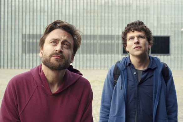 Kieran Culkin, left, and Jesse Eisenberg in a scene from “A Real Pain.”