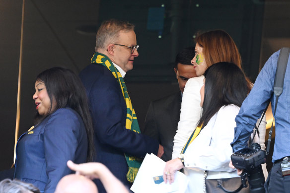 Prime Minister Anthony Albanese wearing a Matildas scarf to the match against France on Saturday.