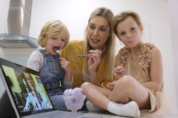 Courtney Ray with children Charlotte 5 and Jasper 3  sample ice cream and to their grandmother  Helen Adams via Zoom 