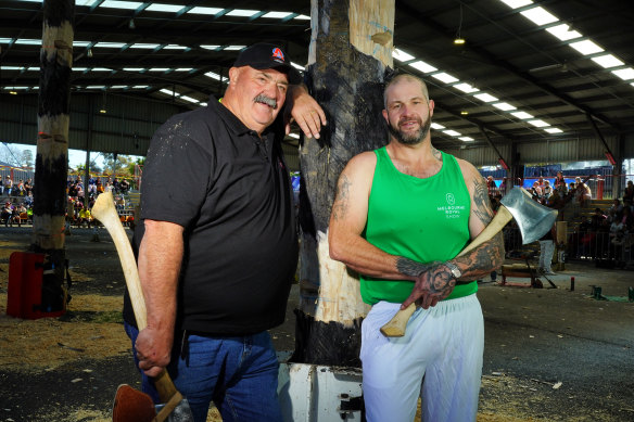 World champion woodchopper David Foster will be watching from the sidelines as his son Stephen competes in the Melbourne Royal Show competitions this weekend.