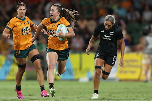 Tia Hinds runs the ball during the Cup Final match between Australia and New Zealand in Perth.