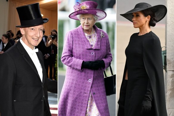 Stephen Jones at the Met Gala, the Queen at Royal Ascot in 2008 and Meghan, Duchess of Sussex, in a Stephen Jones for Christian Dior hat at the Queen’s funeral.