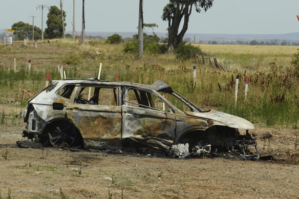The remains of a car linked to the fatal shooting in Caroline Springs in nearby Beattys Road, Fraser Rise. 