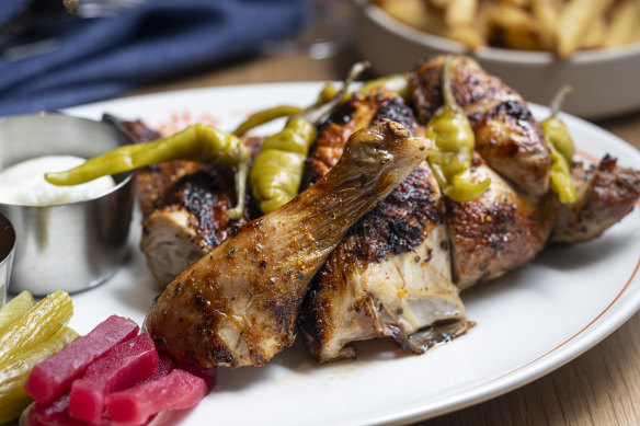 Lebanese-style charcoal chicken is  brined and cooked to order.
