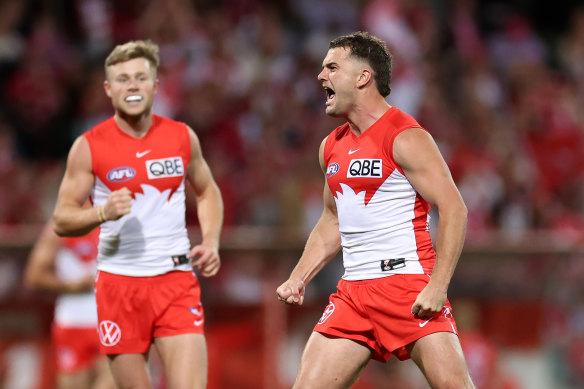 Tom Papley celebrates a goal.