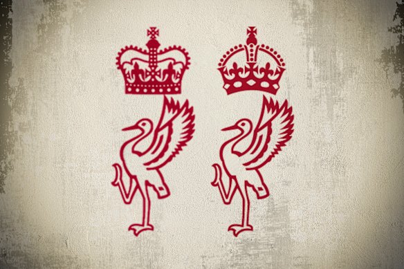 The Queensland governor’s crown and brolga emblem, with the heraldic depiction of Queen Elizabeth II’s preferred St Edward’s Crown on the left, and King Charles III’s preferred Tudor Crown on the right.