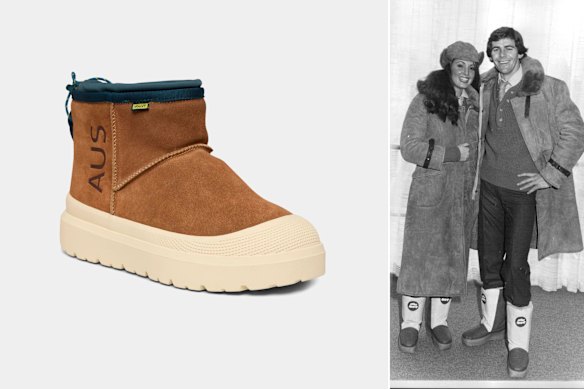 The Volley Fresca Replica is a nod to the boot Australian athletes will wear at the 2026 Winter Olympics; the ceremonial uniforms for the 1980 Australian team, pictured in November 1979. 