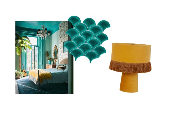 “Twilight Forest Midnight” rug; “Coral Bay” tiles; “Brady” lamp.  