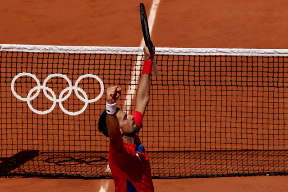 Novak Djokovic on track for first gold medal after beating Rafael Nadal.