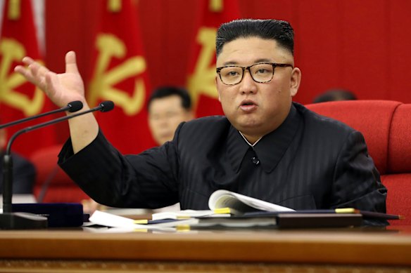 North Korean leader Kim Jong-un speaks during a Workers’ Party meeting in Pyongyang on Tuesday.