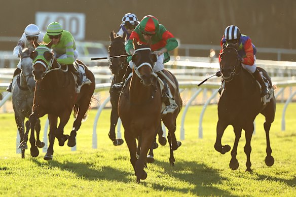 Caulfield Cup runner Asterix (in the red and green silks) wins the Gosford Cup in May.