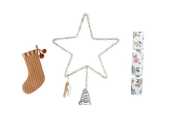 “Laja” stocking; Tree star; “Banksia Green” crackers.