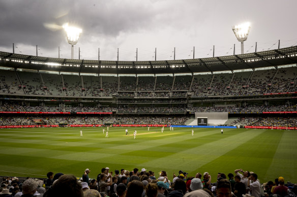 MCG mood: Day one of the Test was played under greying skies before the rain arrived.