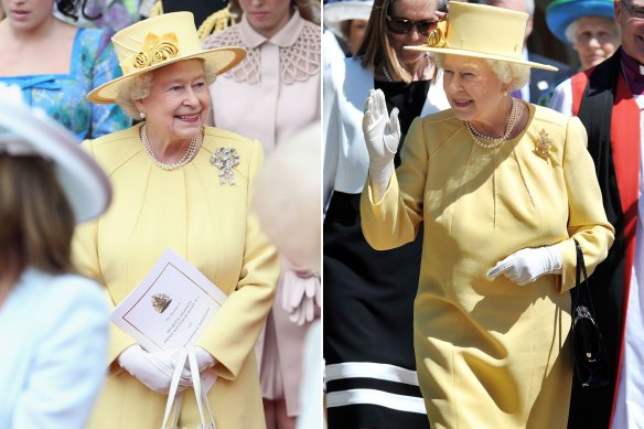 Queen Elizabeth II wearing the same yellow outfit to the wedding of Catherine Duchess of Cambridge, now the Princess of Wales, to Prince William (left) and on the 2011 royal tour of Australia.