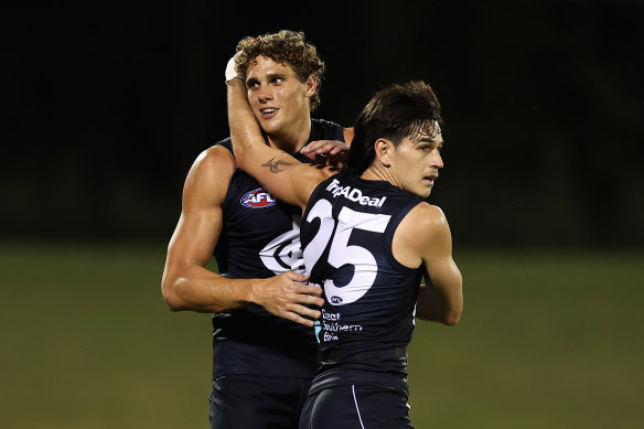 Charlie Curnow and Zac Fisher of the Blues during the practice match against the Sydney Swans.