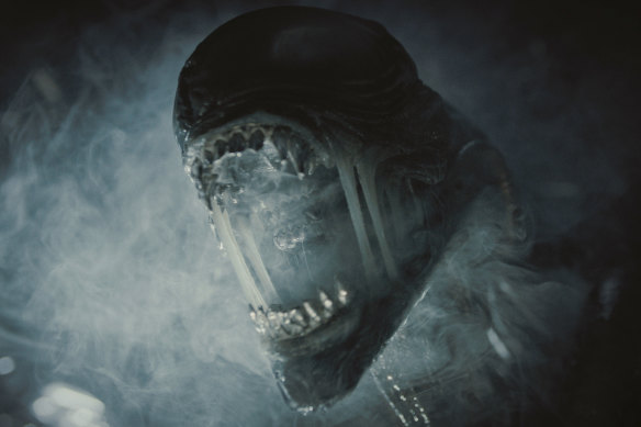 Xenomorph in a scene from Alien: Romulus. Director Fede Álvarez intentionally copied the retro styling of the original Alien. 