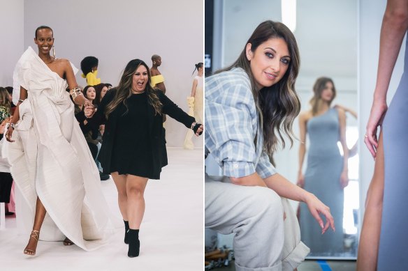 Designer Mariam Seddiq and model Hanan at Australian Fashion week in May; Atoir designer Cynthia Farchione in 2020.
