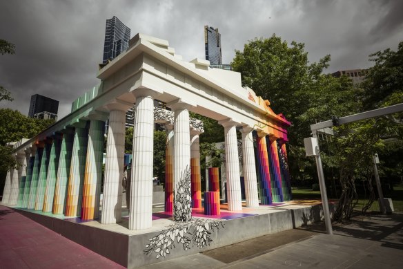 Temple of Boom is an homage to the Parthenon, and is built on what remains of the 2021 NGV Architecture Commission winner, Pink Pond. 