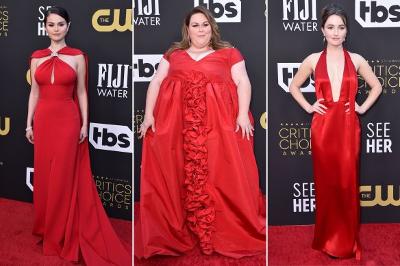 Seeing red at the Critics Choice Awards in Los Angeles. Selena Gomez in Louis Vuitton, Chrissy Metz in Greta Constantine and Kaitlyn Dever in Miu Miu.
