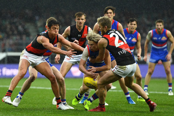 The Bombers in action against the Bulldogs during the first elimination final. 