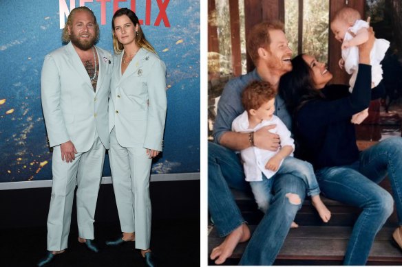 Jonah Hill and Sarah Brady at the premiere of ‘Don’t Look Up’ wearing matching pale blue Gucci suits; and Prince Harry, Meghan, Archie and Lilibet Sussex in denim on the family Christmas card.