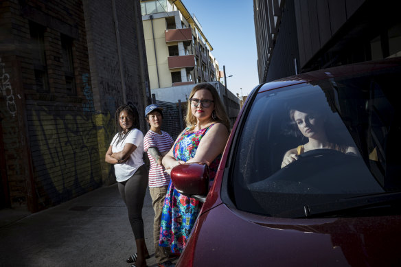 Sarah Moran from Girl Geek Academy (centre) with her 'Girl Gang' Riham Koko, Marie Ng and Leura Smith and their Nissan Leaf electric vehicle. 