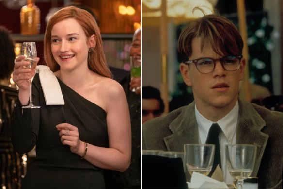 From left: a scene from Inventing Anna, the story of a New York con artist – “heiress” Anna Delvey, played by Julia Garner; in The Talented Mr Ripley, the title character (played here by Matt Damon) assumes a different identity.