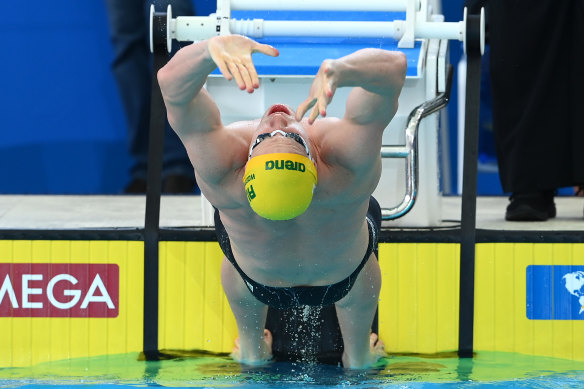 Bradley Woodward swims the backstroke leg for Australia in the mixed 4x50m medley relay on Wednesday morning.