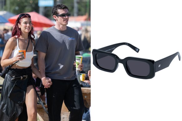 From left: Dua Lipa and Callum Turner together at Glastonbury 2024; LeSpecs “Rippled Rebel” sunglasses.