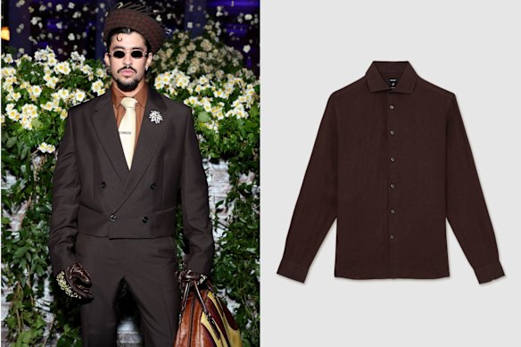 Singer Bad Bunny; right: Reiss “Ruban” shirt, $195.