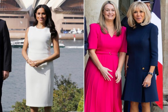 Meghan Markle in a Karen Gee dress at Admiralty House, 2018; Prime Minister Anthony Albanese’s partner Jodie Haydon wearing Karen Gee with French First Lady Brigitte Macron.