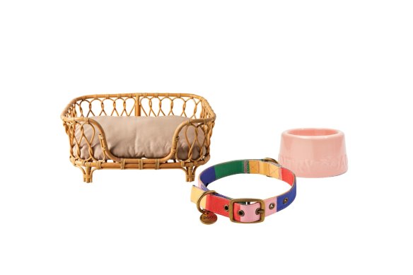 “Kahlua Twist” pet bed; “Rainbows End” dog collar; “Alfie” bowl.