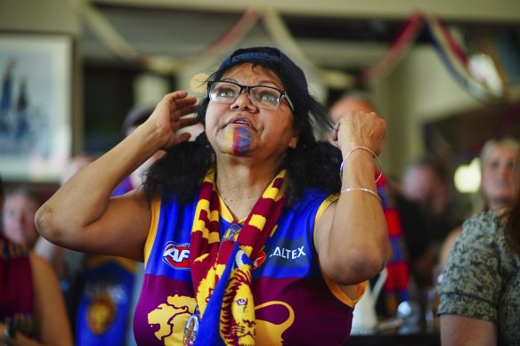 Lions supporters on edge at the Royal Derby Hotel in Fitzroy on Saturday.