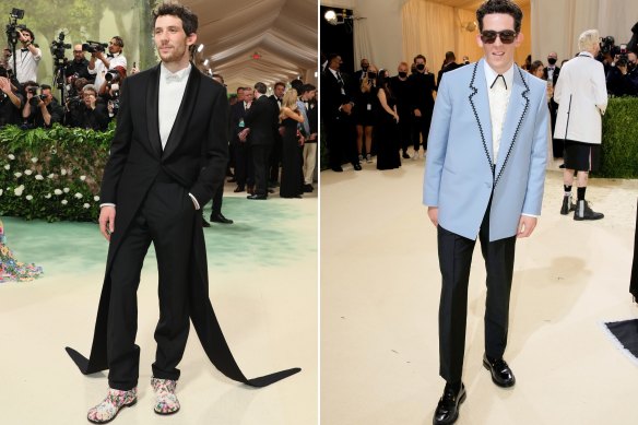 Josh O’Connor in Loewe at the 2024 Met Gala and at the 2021 Met Gala in Dunhill.