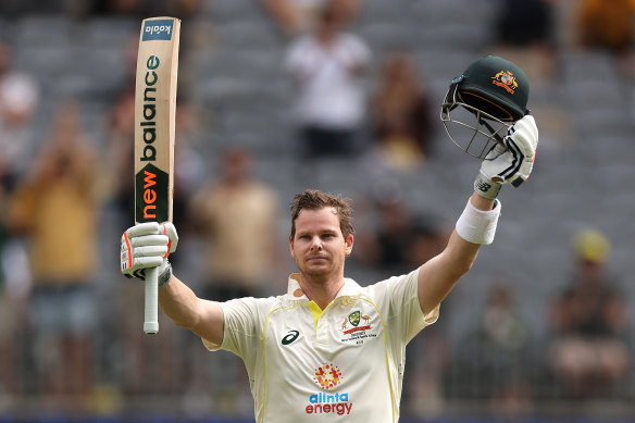 Steve Smith celebrates his double century - the fourth of his Test career.